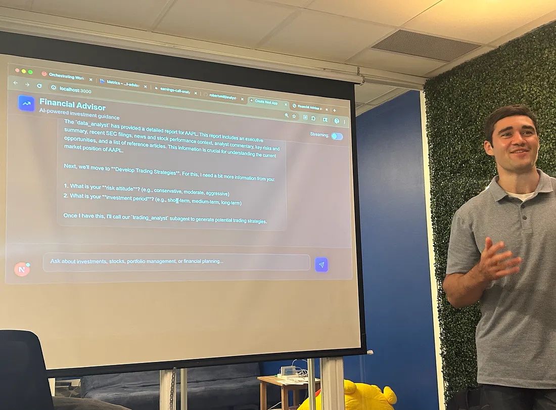Berto presenting AI research agent at Vibe Code Space